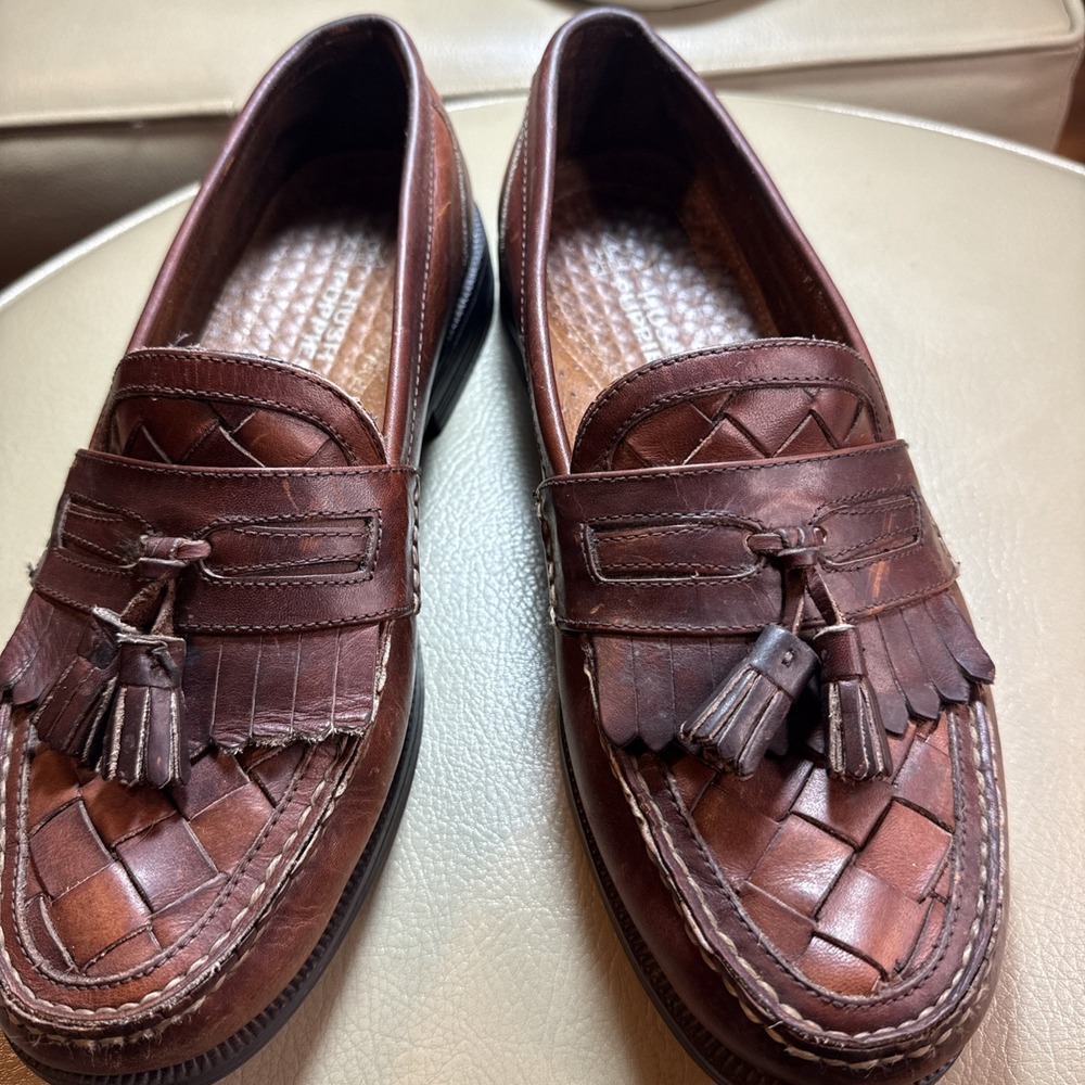 Vintage 90s Brown Hush Puppies Lancer Woven Leather Tassel‎ Loafers 11 - Picture 9 of 11